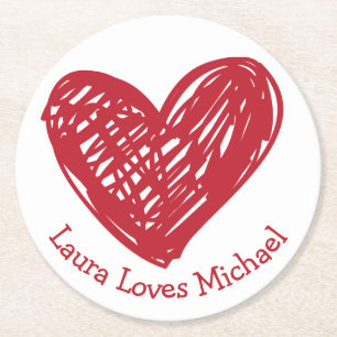 Posavasos Redondo De Papel Heart Love Red White Wedding Party Bridal Shower
