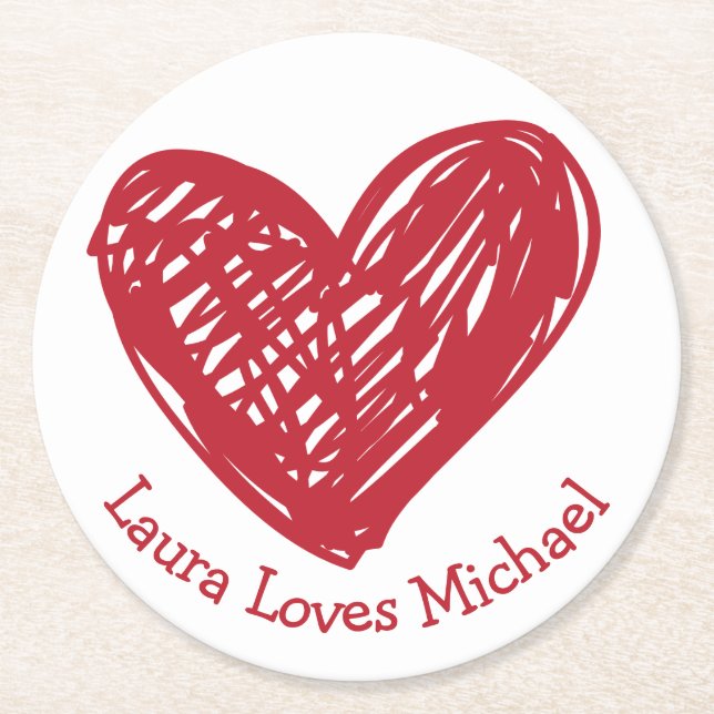 Posavasos Redondo De Papel Heart Love Red White Wedding Party Bridal Shower (Anverso)