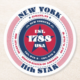 Posavasos Redondo De Papel Hechos del Estado de Nueva York Tipografía Rojo Bl