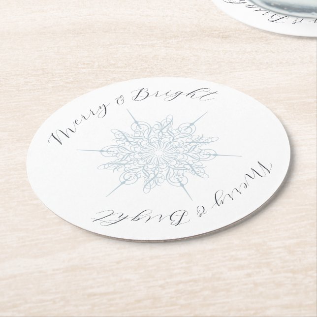 Posavasos Redondo De Papel Helado Blue Snowflake Merry & Bright (En perspectiva)