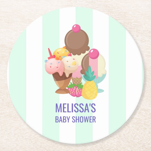 Posavasos Redondo De Papel Helados de crema de hielo con Baby Shower Sprinkle (Anverso)