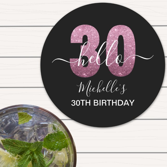 Posavasos Redondo De Papel Hello 30! Fun 30th birthday Pink glitter (Subido por el creador)