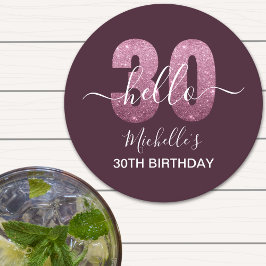 Posavasos Redondo De Papel Hello 30! Fun 30th birthday Pink glitter