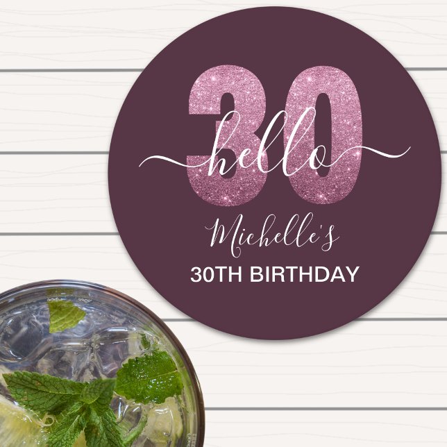 Posavasos Redondo De Papel Hello 30! Fun 30th birthday Pink glitter (Subido por el creador)