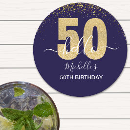 Posavasos Redondo De Papel Hello 50! -50th Birthday with Gold Glitter