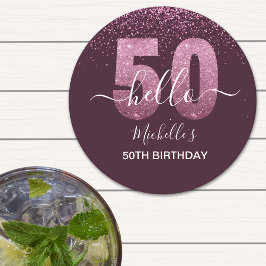 Posavasos Redondo De Papel Hello 50! -50th Birthday with Pink glitter