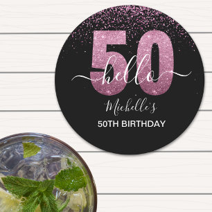 Posavasos Redondo De Papel Hello 50! -50th Birthday with Pink glitter