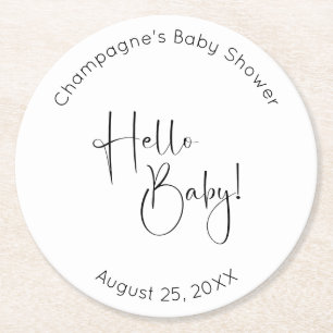 Posavasos Redondo De Papel Hello Baby Modern Script Baby Shower