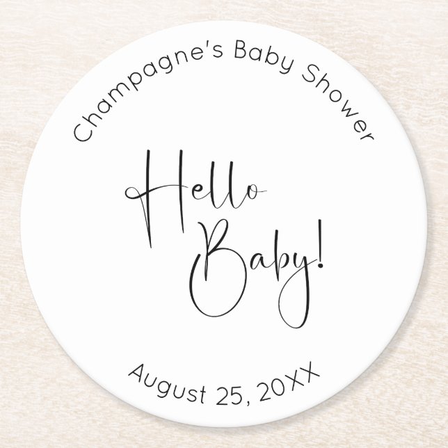 Posavasos Redondo De Papel Hello Baby Modern Script Baby Shower (Anverso)