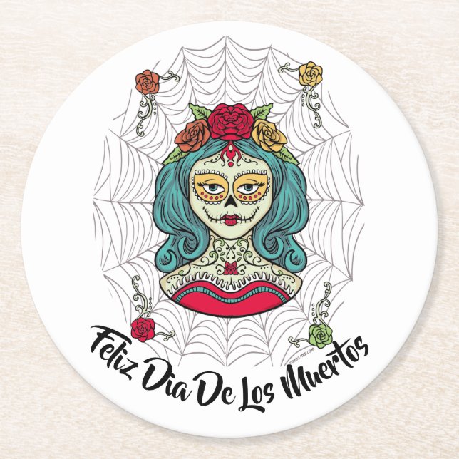 Posavasos Redondo De Papel Hermosa Catrina Feliz Día de Muertos (Anverso)