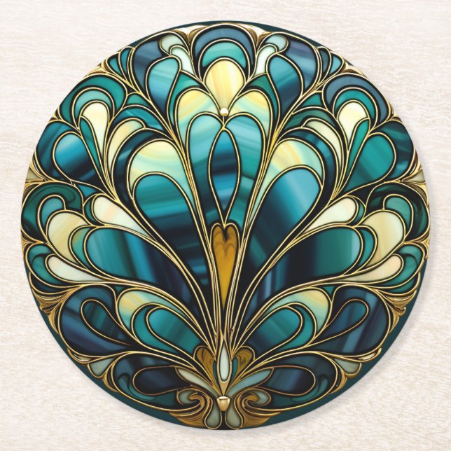 Posavasos Redondo De Papel Hermosas plumas Art Decó Turquesa de pavo real (Anverso)