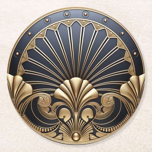 Posavasos Redondo De Papel Hermoso Art Deco oro y azul marino (Anverso)
