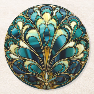Posavasos Redondo De Papel Hermoso Arte Deco Plumas de Pavo Real Turquesa