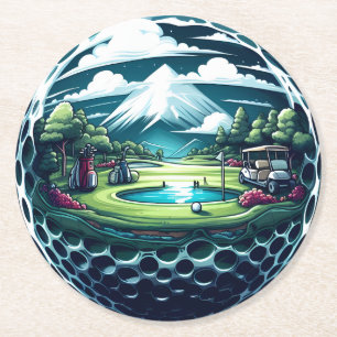Posavasos Redondo De Papel Hermoso campo de golf con carrito y clubes