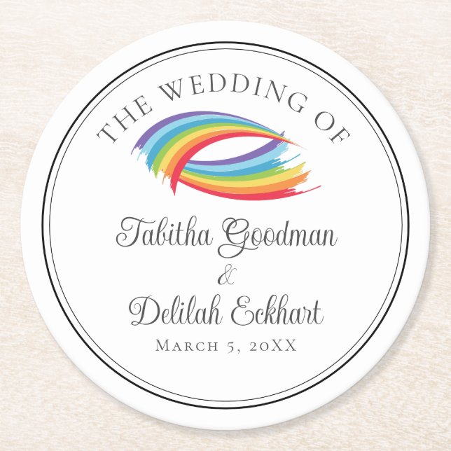 Posavasos Redondo De Papel Hermoso círculo Boda de olas de arcoiris (Anverso)