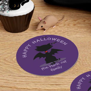 Posavasos Redondo De Papel Hermoso Halloween Gato Negro Murciélago Fiesta Coa