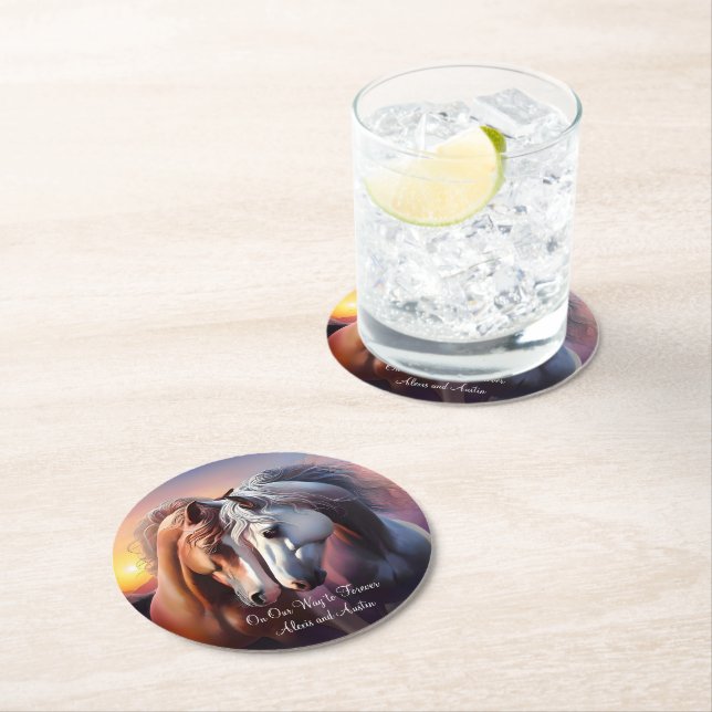 Posavasos Redondo De Papel Hermoso par de caballos por siempre aniversario (In situ)