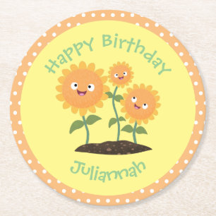 Posavasos Redondo De Papel Hermosos girasoles alegres sonrientes ilustracion 