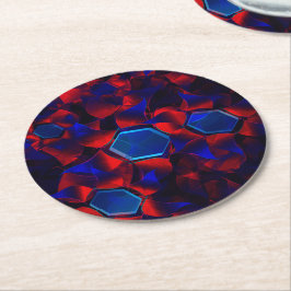 Posavasos Redondo De Papel hexágono azul mezclado con curvas rojas superpuest