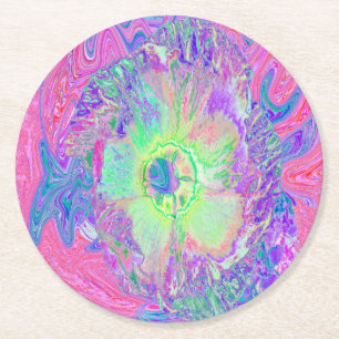 Posavasos Redondo De Papel Hibisco Morado y Verde Lima Psicodélico Trippy