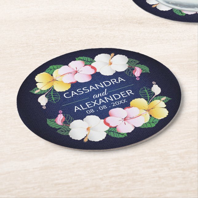 Posavasos Redondo De Papel Hibiscus Hawaiano Boda Floral Tropical (En perspectiva)