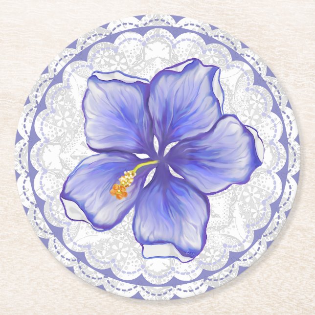 Posavasos Redondo De Papel Hibiscus & lace BLUE (Anverso)