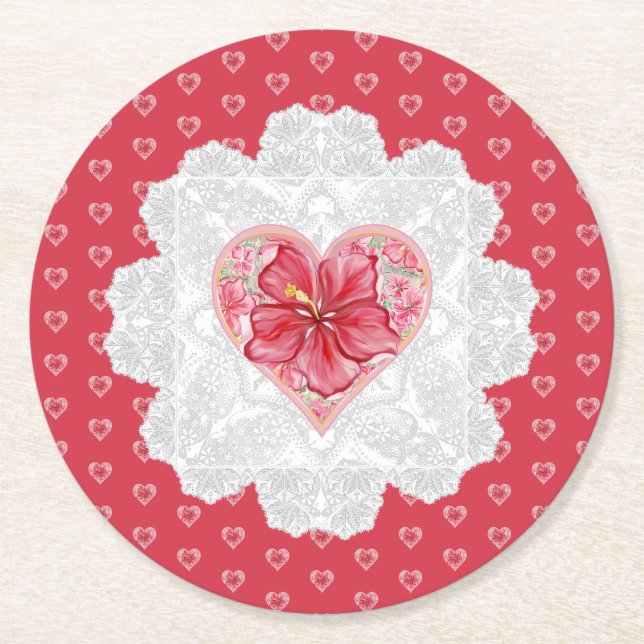 Posavasos Redondo De Papel Hibiscus & lace RED (Anverso)