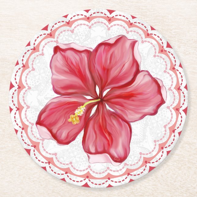 Posavasos Redondo De Papel Hibiscus & lace RED (Anverso)