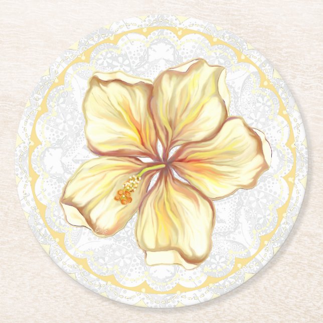Posavasos Redondo De Papel Hibiscus & lace YELLOW (Anverso)