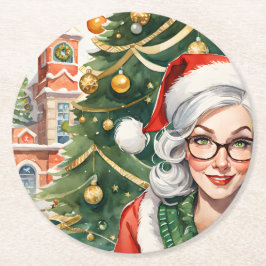 Posavasos Redondo De Papel Hipster Sra. Claus Coaster
