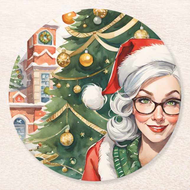 Posavasos Redondo De Papel Hipster Sra. Claus Coaster (Anverso)