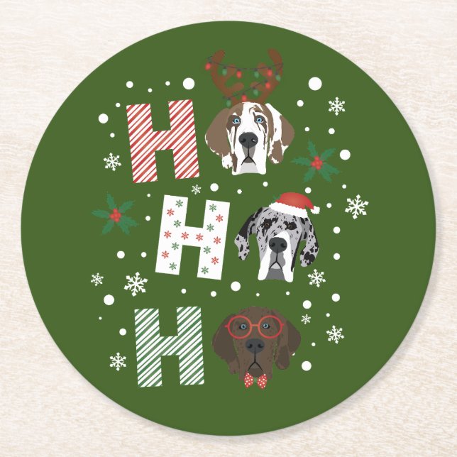 Posavasos Redondo De Papel Ho Ho Ho Ho Great Dane Feliz Navidad (Anverso)