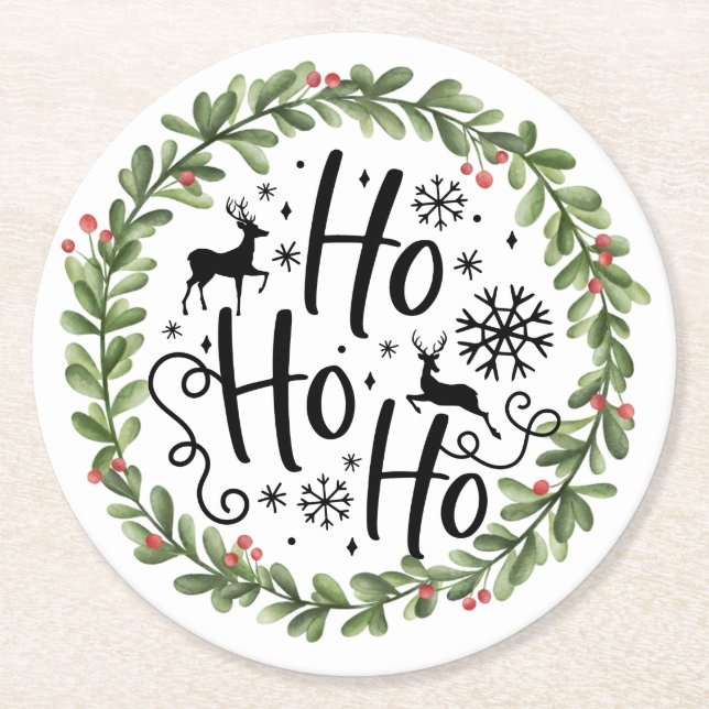 Posavasos Redondo De Papel Ho Ho Ho Watercolor Wreath (Anverso)