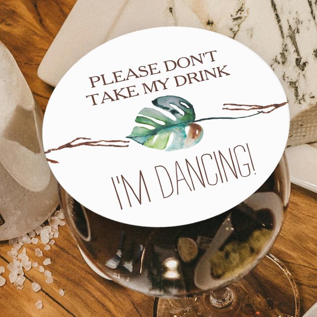 Posavasos Redondo De Papel Hoja Monstera marrón tropical rústica (rustic tropical monstera leaf green wedding "please don't take my drink i'm dancing" drink topper)