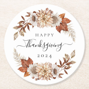 Posavasos Redondo De Papel Hojas de Otoño Rústicas Feliz Día de Acción de Gra