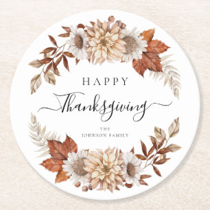 Posavasos Redondo De Papel Hojas de Otoño Rústicas Feliz Día de Acción de Gra