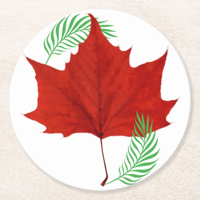 Posavasos Redondo De Papel Hojas rojas y helechos (Anverso)
