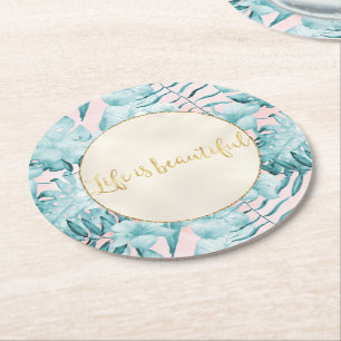 Posavasos Redondo De Papel Hojas tropicales Aqua Gold