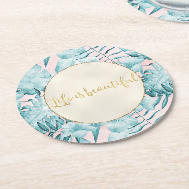 Posavasos Redondo De Papel Hojas tropicales Aqua Gold (En perspectiva)