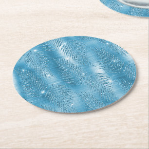 Posavasos Redondo De Papel Hojas Tropicales Brillo Azul Acuático