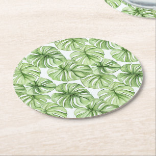Posavasos Redondo De Papel Hojas tropicales de palma verde