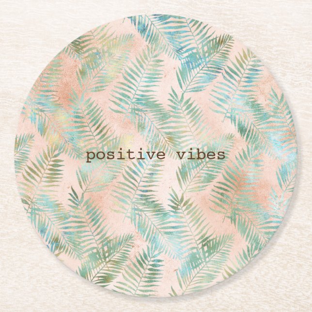 Posavasos Redondo De Papel Hojas tropicales verdes de Peach Aqua (Anverso)