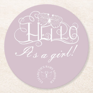 Posavasos Redondo De Papel Hola guión decorativo baby shower azul polvoriento