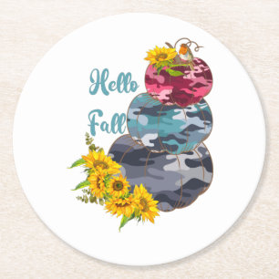 Posavasos Redondo De Papel Hola otoño - Calabazas y girasoles de camuflaje