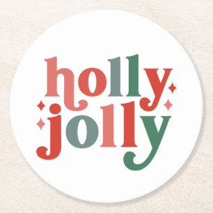 Posavasos Redondo De Papel Holly Jolly - Tipografía de vacaciones retro