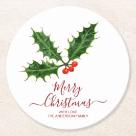 Posavasos Redondo De Papel Holly y Berries Feliz Navidad y nombre familiar