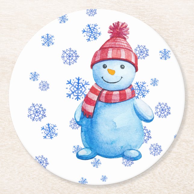 Posavasos Redondo De Papel Hombre de nieve con copos de nieve reutilizables (Anverso)