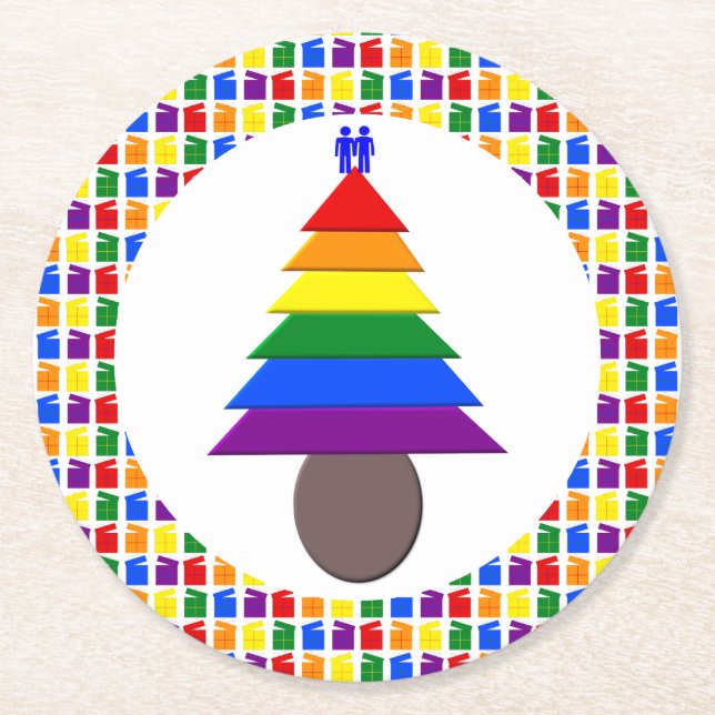 Posavasos Redondo De Papel Hombres gay arcoiris Árbol de Navidad y regalo (Anverso)