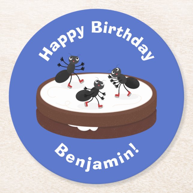 Posavasos Redondo De Papel Hormigas felices patinando hielo en personalizado  (Anverso)