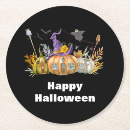 Posavasos Redondo De Papel Hospedaje de calabaza con fantasma y murciélagos